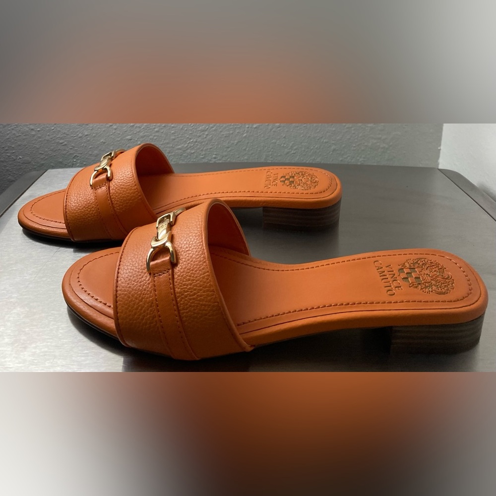 Vince Camuto Orange Leather Mules with Gold Accent - Picture 11 of 15